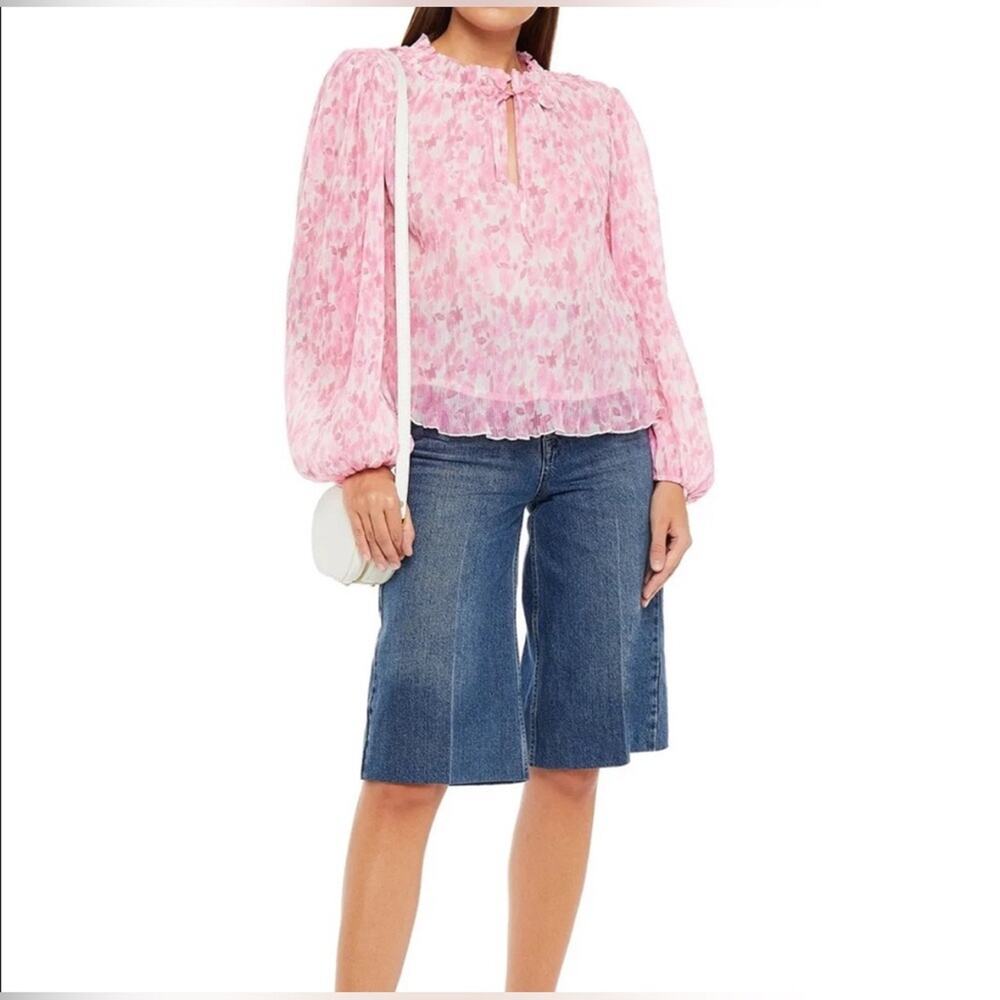 Ganni Pleated Blouse Womens 36 Pink Floral Excellent Balloon Sleeve Scandi Top